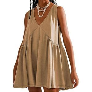 NEW 100% Cotton V Neck Tank Dress Loose Fit Casual Mini Dress Pockets XL